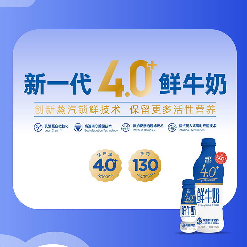 三度七&形动力4.0g蛋白鲜奶950ml*4瓶装冷藏鲜活营养高钙巴氏奶-图0