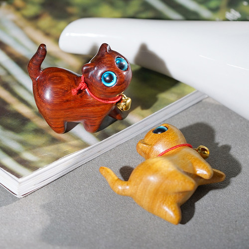 檀木雕刻可爱歪头猫铃铛猫小黑猫把玩摆件迷你桌面治愈系创意简约 - 图0