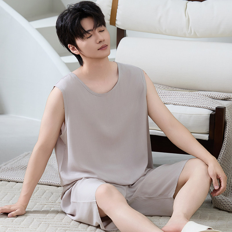 男士棉绸套装夏季薄款无袖短裤家居服宽松大码人造棉睡衣男款外穿