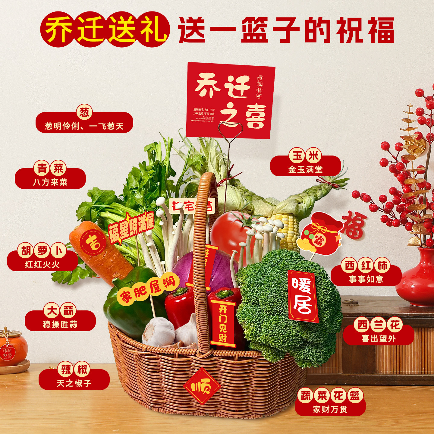乔迁之喜新居蔬菜花篮创意贴纸装饰搬家入宅仪式用品全套礼物2025,淘宝优惠券,粉丝福利购,淘宝优惠卷