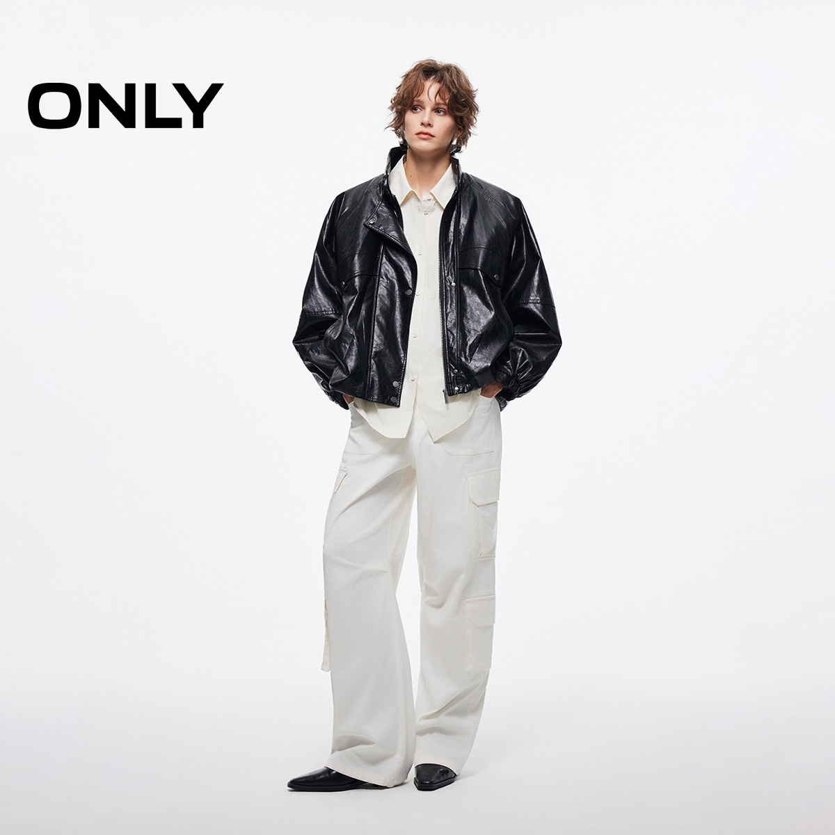 ONLY2025冬季新款做旧按扣PU夹棉插肩立领宽松外套女|1254PU001 - 图0