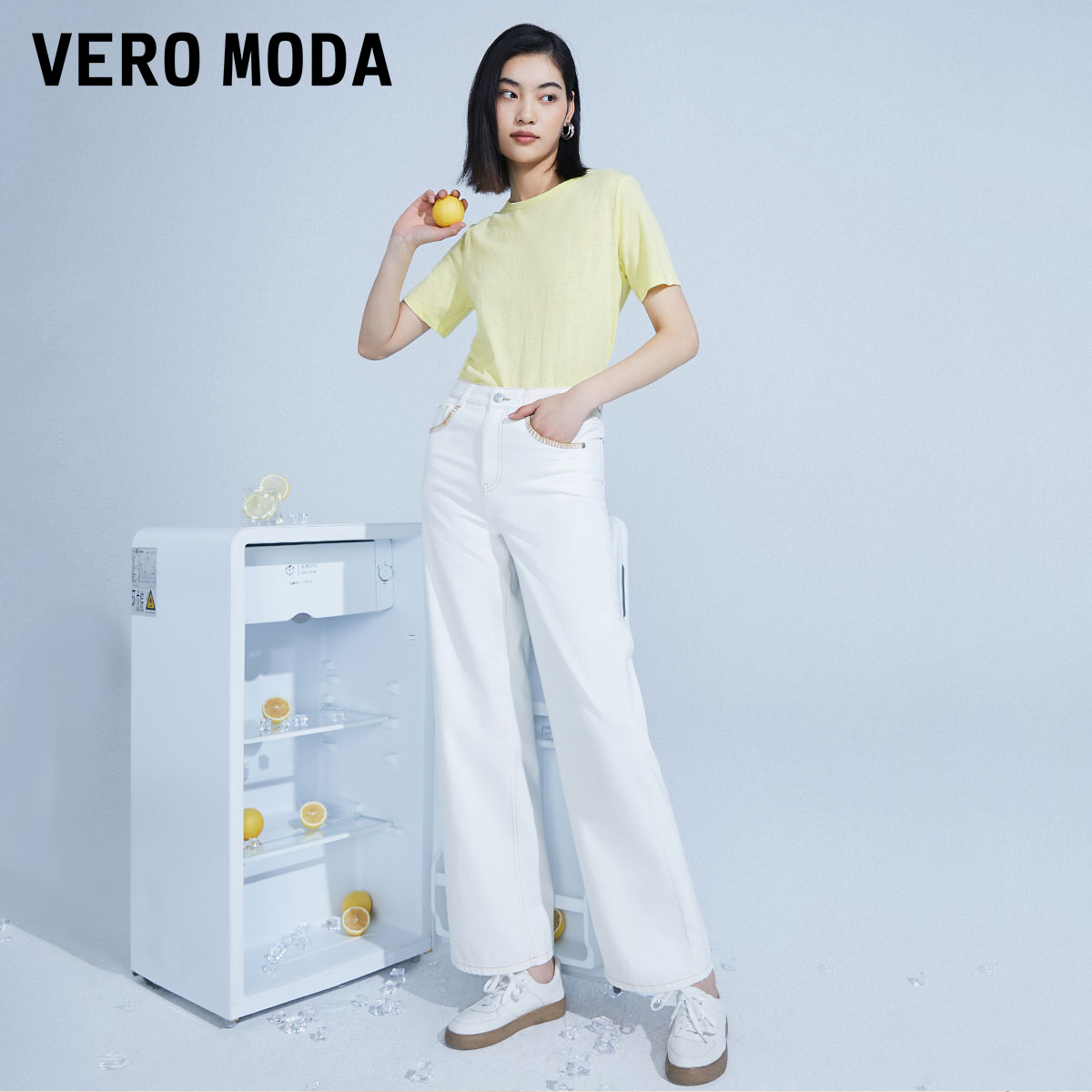 [新]绫致Vero ModaT恤女2023早春新款休闲纯色拼接短袖透气竹节棉-图0