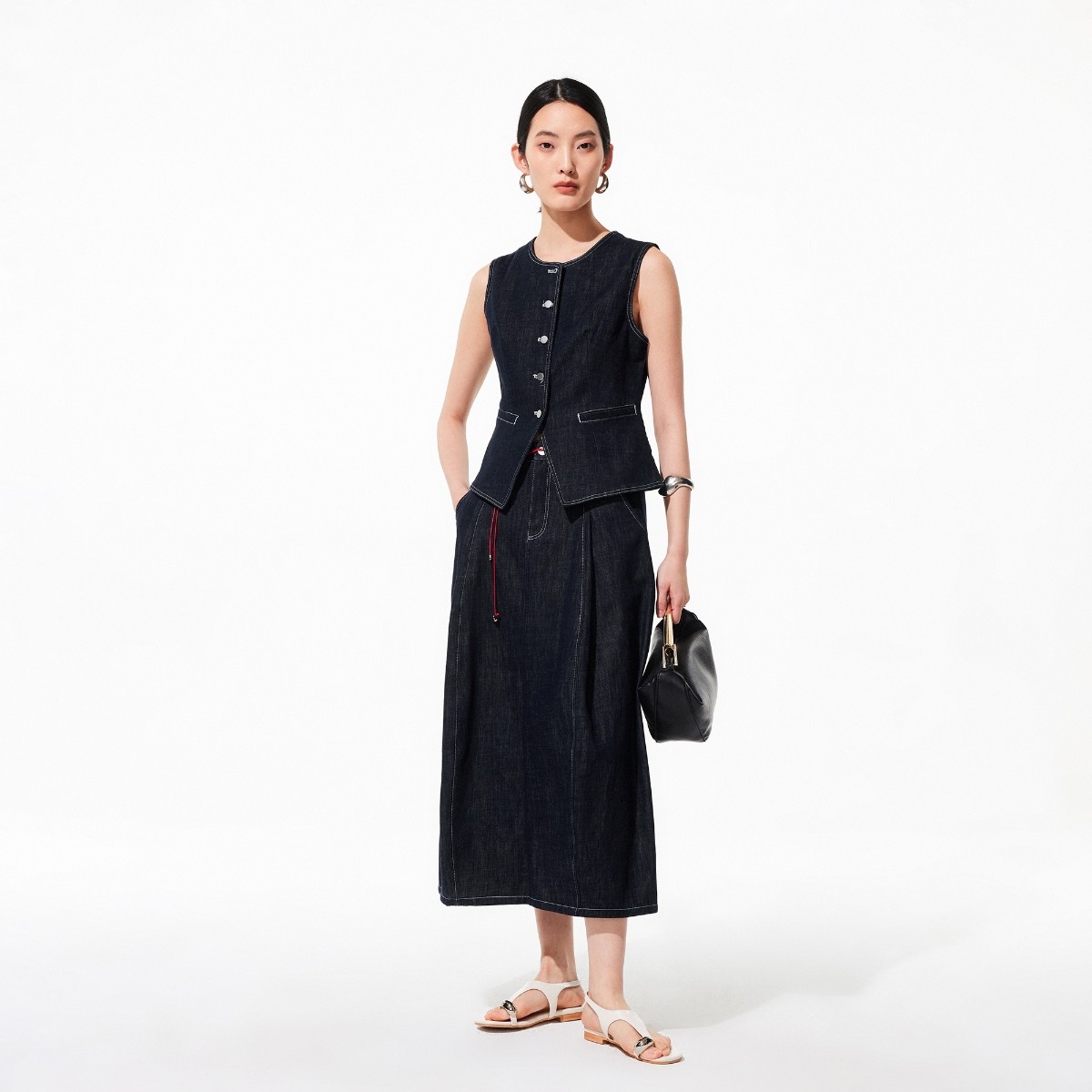 Vero Moda半身裙女2026春季新款纯棉红色腰绳撞色明线牛仔裙,淘宝优惠券,粉丝福利购,淘宝优惠卷