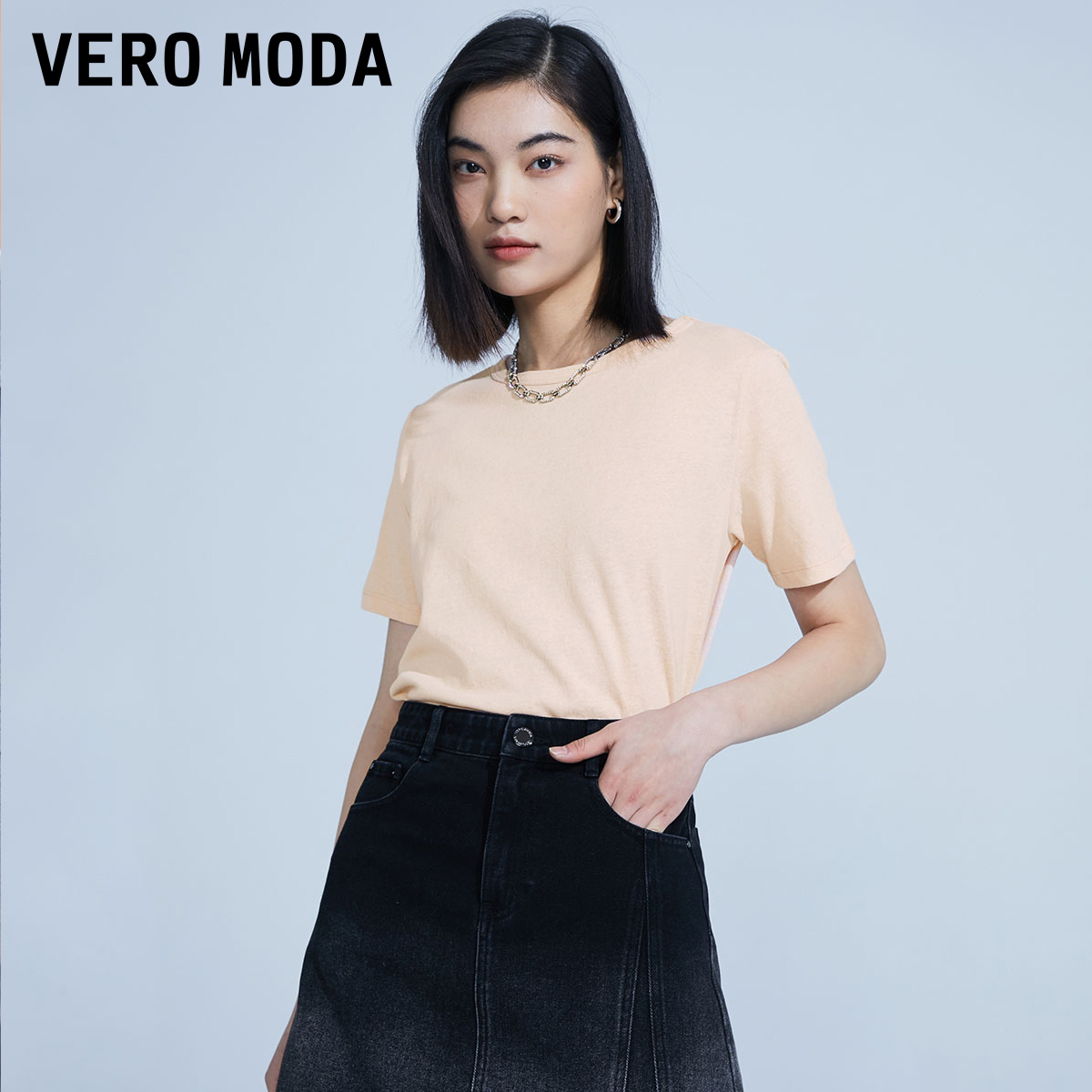 [新]绫致Vero ModaT恤女2023早春新款休闲纯色拼接短袖透气竹节棉-图2