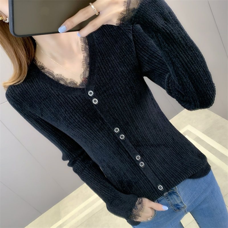 秋冬2021年新款v领拼接天鹅绒毛衣 流苏妮毛针织衫