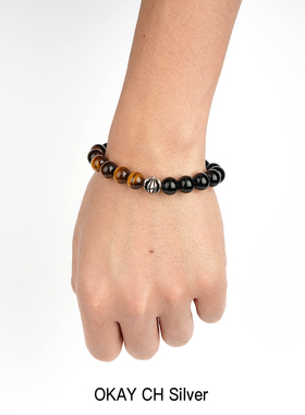 罗心潮流10mm黑曜石虎眼石925纯银珠子手串手链珠链