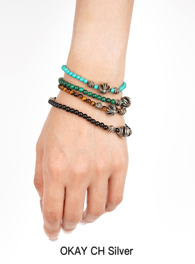 潮流4mm绿松石孔雀石虎眼石黑曜石925纯银珠子手串珠链