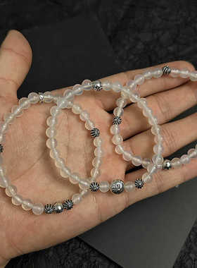 天然白玛瑙手串s925纯银6mm叠戴百搭手链男女情侣礼物饰品时尚