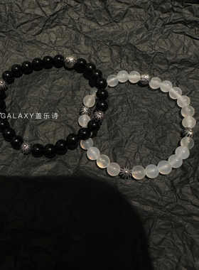 s925纯银6mm天然黑曜石白玛瑙十字花复古潮时尚叠戴男女手链手串