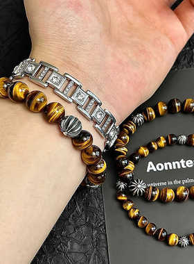 王嘉尔同款虎眼石s925银十字架手串复古做旧男女情侣礼物手串手链