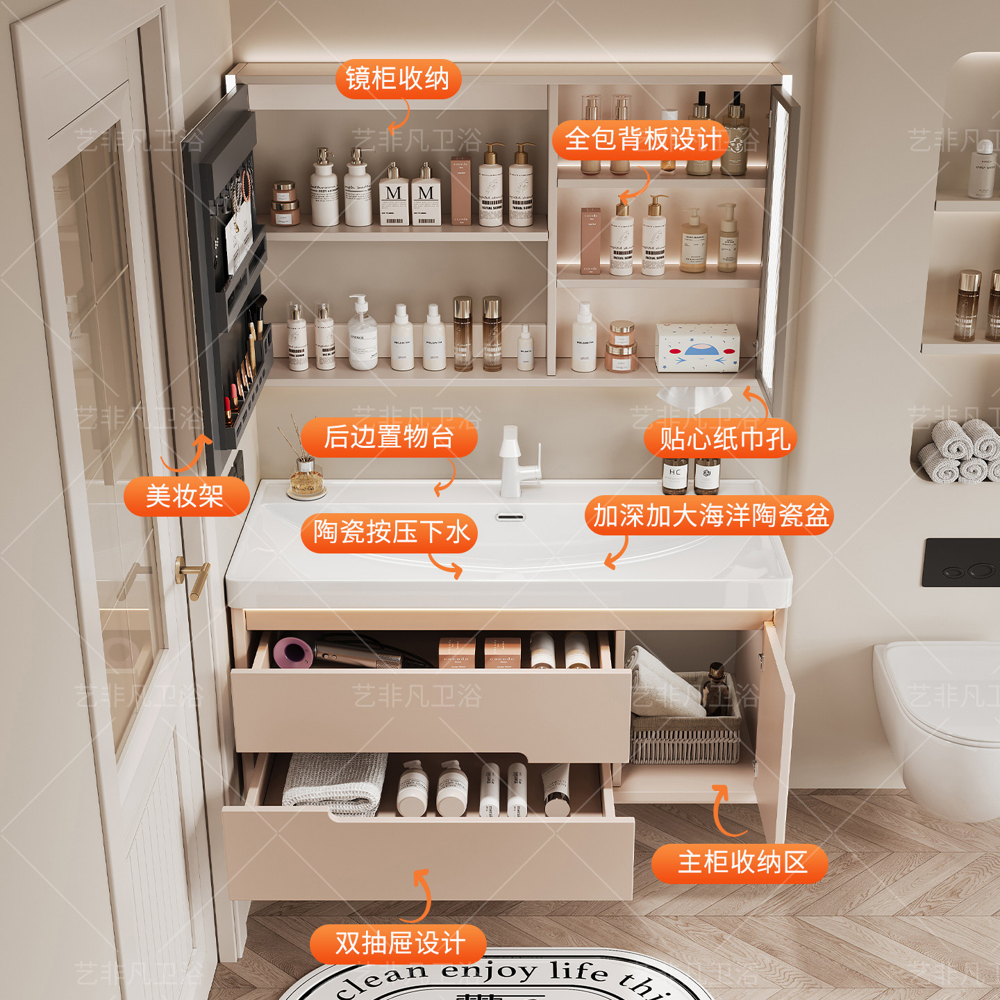 奶油风浴室柜组合陶瓷一体盆加深海洋盆卫生间洗手洗脸盆柜洗漱台,淘宝优惠券,粉丝福利购,淘宝优惠卷