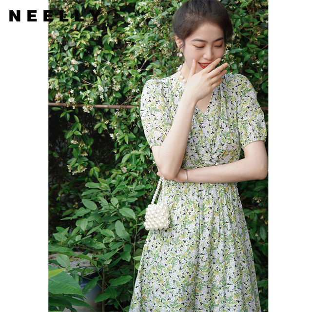 NEELLY Nali temperament V-neck puff sleeve dress women's Korean style twist design slimming A-line skirt