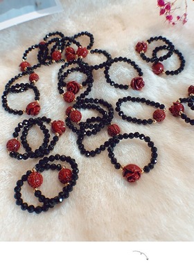 天然紫金砂珠貔貅戒指玫瑰花戒指女水晶弹力串珠手饰食指指环