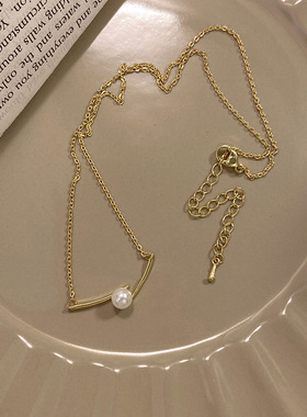 韩国新款高级设计感单颗珍珠吊坠项链女轻奢小众锁骨链颈链批发