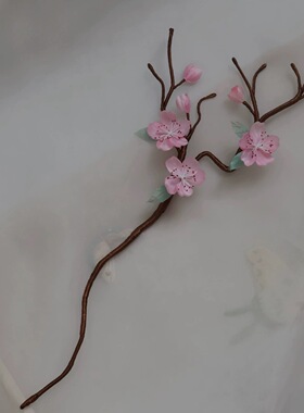 原创 衔春 真丝烫花桃花发饰超长发簪软杆簪花仙气百搭发饰