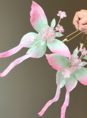 原创 不眠春 真丝烫花大蝴蝶发饰凤尾蝶软杆簪花仙气汉服头饰配饰