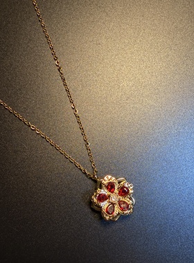 开花的橄榄 Vintage古着 Red Sprig红色花朵可旋转项链 锁骨链