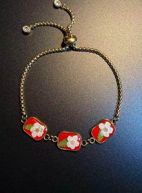 开花的橄榄 Vintage古着 Glimmer红色干花滴釉钛钢手链