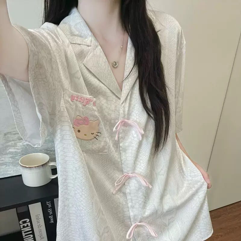 日本GP秋新款高级感甜美真丝睡衣凯蒂猫KT蝴蝶结可外穿家居服套装 - 图0