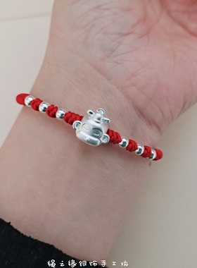 999足银状元猴手链手工编织本命红绳手男女宝宝礼物