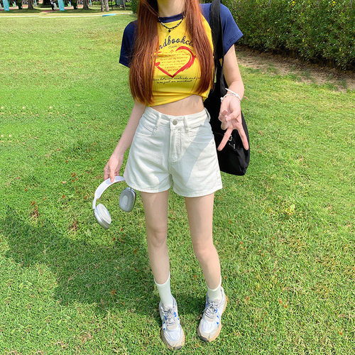 高腰牛仔短裤女夏季薄款2026年新款显瘦显高大码a字白色超短热裤 - 图0