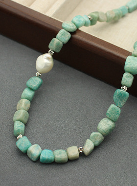 简约天河石随型项链淡水巴洛克珍珠手工串珠首饰欧美时尚搭配