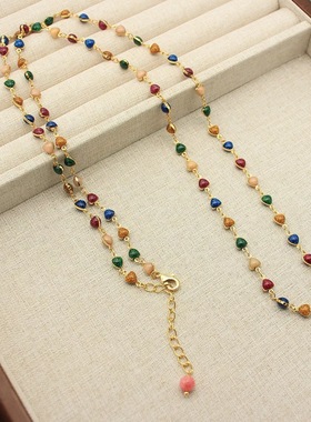 冬季新款中古彩色水晶串珠流苏复古多层项链高级锁骨链毛衣链
