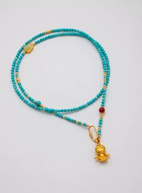 2025新中式长款沙金生肖小马毛衣链绿松石葫芦吊坠项链女款毛衣链