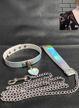 choker镭射牵引绳爱心铃铛皮项圈