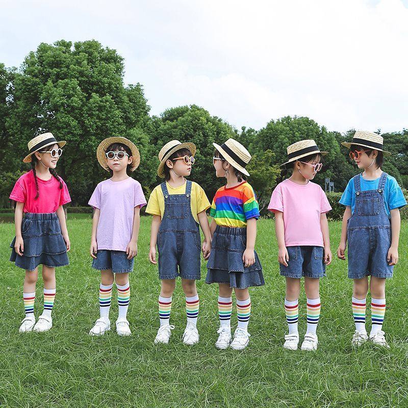 七彩短袖男女牛仔背带裤短糖果色演出服裙啦啦队表演儿童彩色t恤,淘宝优惠券,粉丝福利购,淘宝优惠卷