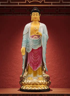 纯铜彩绘西方三圣佛站像