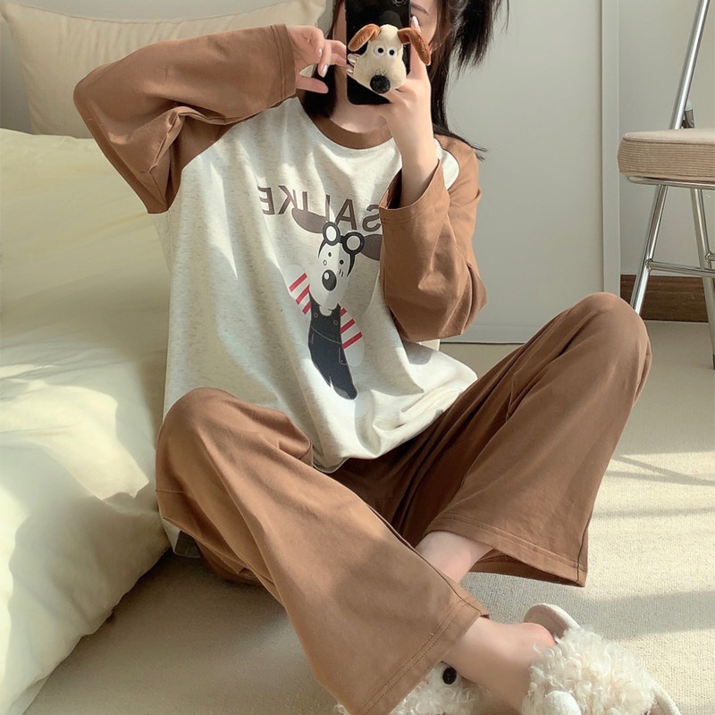 小狗拼色插肩睡衣女春秋季纯棉长袖卡通可爱宽松ins可外穿家居服,淘宝优惠券,粉丝福利购,淘宝优惠卷