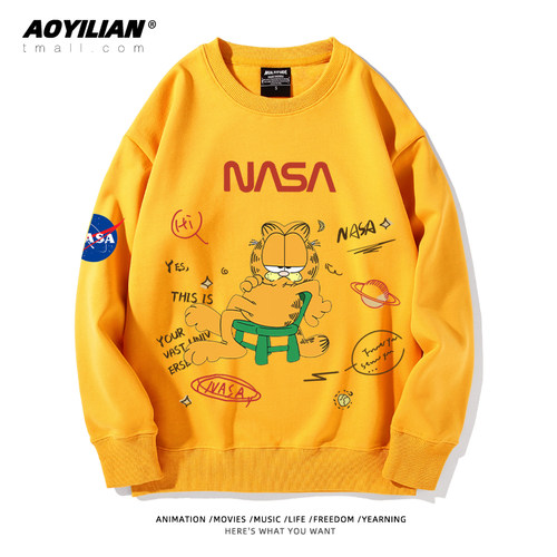 NASA联名加菲猫动漫长袖圆领卫衣男女加绒冬春宽松情侣外套潮上衣 - 图1