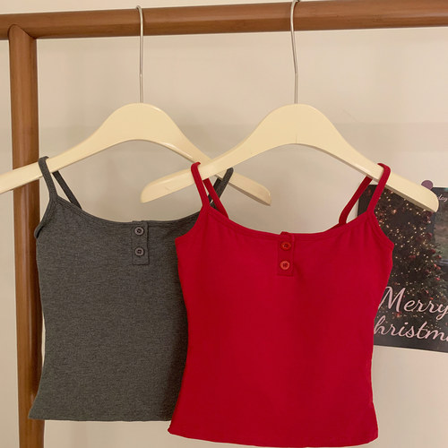 馨帮帮Bra 纯色纽扣磨毛加绒吊带背心女内搭外穿自带胸垫保暖上衣 - 图1