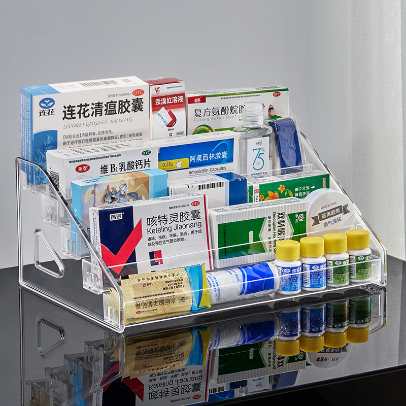 药品收纳盒家用阶梯式桌面大容量分格医疗急救展示架药箱收纳柜 - 图0
