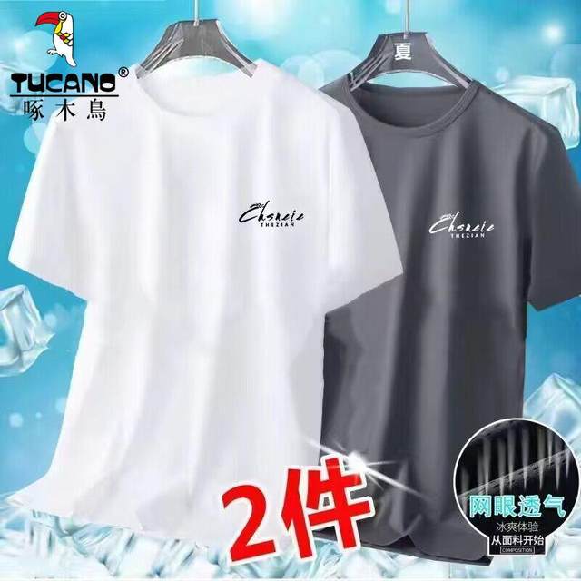 Woodpecker Ice Silk Quick-Dry Print Short Sleeve T-shirt Men's Summer Casual Mesh Sports Loose Round Neck T-shirt