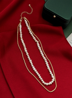 小众设计双层叠戴法式淡水珍珠