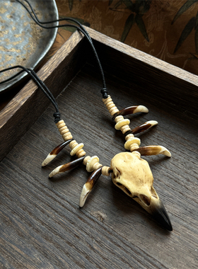 异域复古部落风乌鸦头狗牙项链