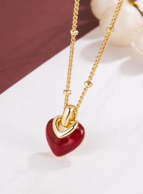 珐琅爱心桃形滴釉红色项链18k金锁骨吊坠耳饰轻奢小众礼物学生女