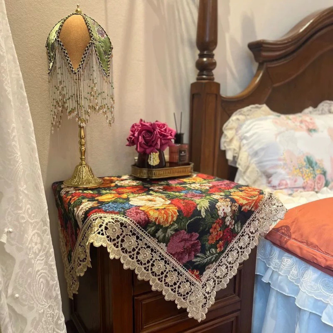 美式复古花卉蕾丝边床头柜盖巾边几布床头柜万能盖巾边几柜多用,淘宝优惠券,粉丝福利购,淘宝优惠卷