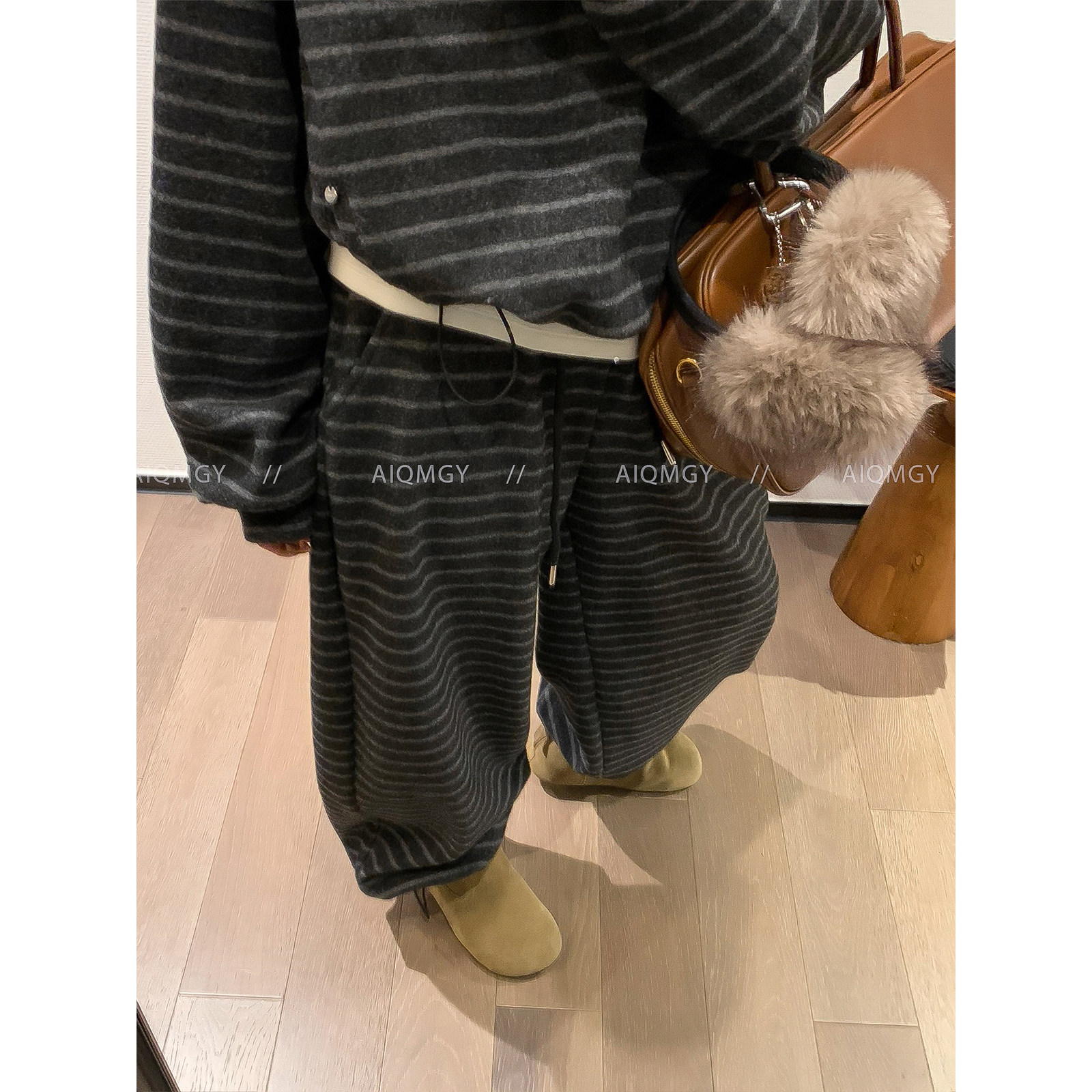 爱情魔鬼鱼 条纹两件套装女2025冬季新款半拉链上衣宽松阔腿长裤,淘宝优惠券,粉丝福利购,淘宝优惠卷