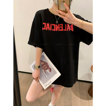 Love Devil Fish Pink Letter Sleeve Short Neck T-Shirt for Women 2024 Summer New Loose Casual Fashion Top