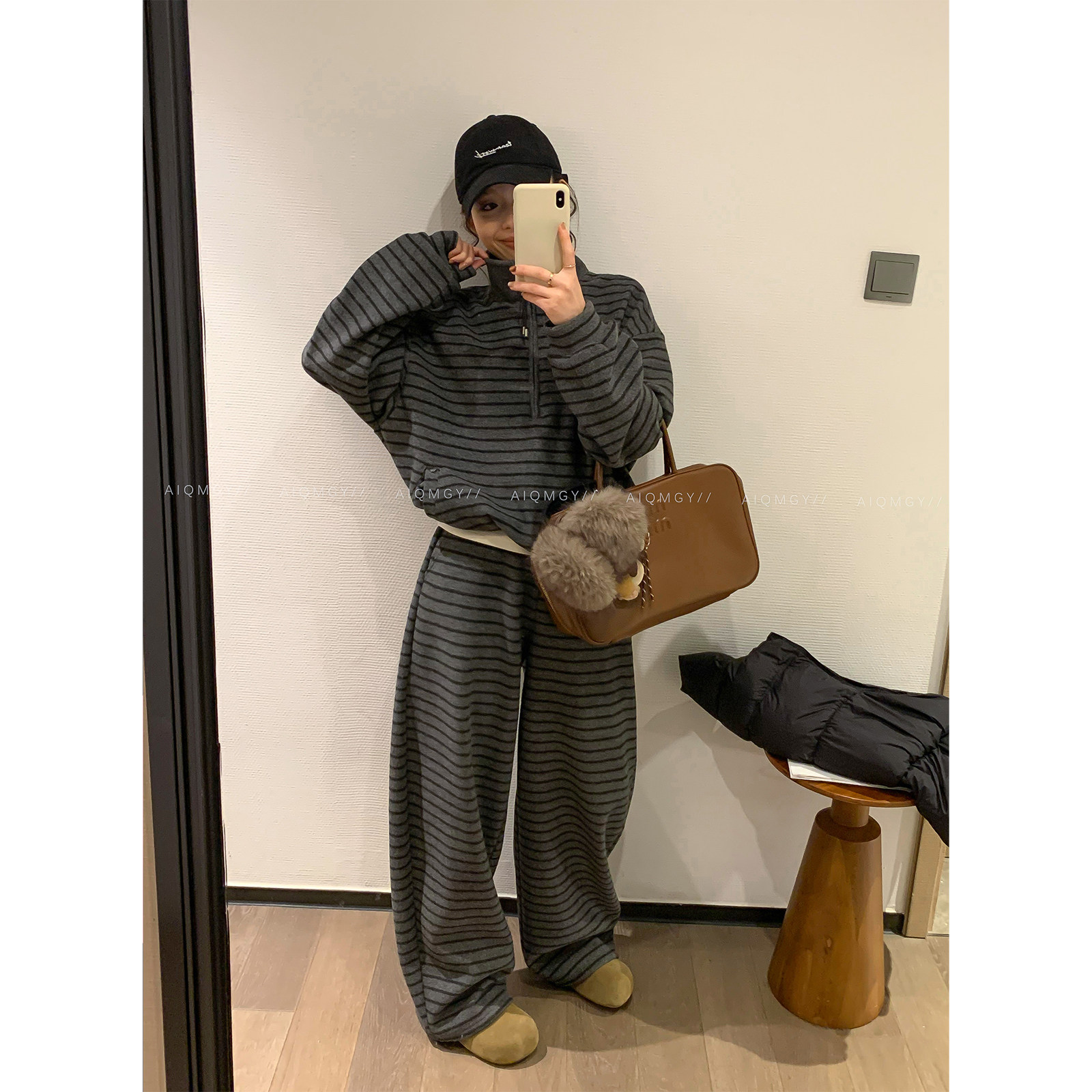 爱情魔鬼鱼 条纹两件套装女2025冬季新款半拉链上衣宽松阔腿长裤,淘宝优惠券,粉丝福利购,淘宝优惠卷