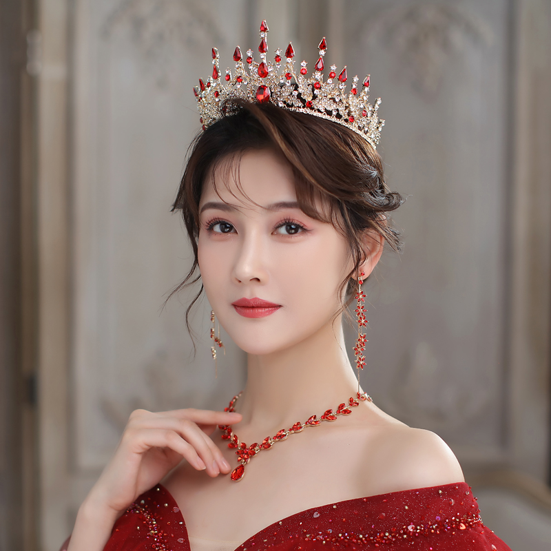 红色皇冠欧式奢华大气新娘头饰中式礼服敬酒服婚纱结婚成年礼王冠 - 图2