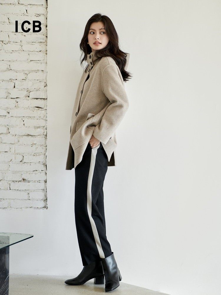 ICB日系秋冬季通勤职业纯羊毛直筒厚长裤拼条休闲阔腿裤商场同款,淘宝优惠券,粉丝福利购,淘宝优惠卷