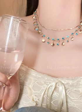 2024年新款双层蓝钻贝壳流苏项链高级感choker颈链小众锁骨链配饰
