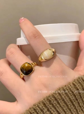 琥珀玛瑙色天然石戒指小众设计感复古气质食指戒时尚个性精致指环