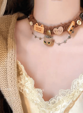 美拉德棕色小猫choker颈链女2024年秋冬款植绒可爱甜美项链毛衣链