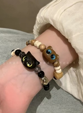 童趣可爱猫咪串珠手链女2023年新款夏季情侣闺蜜手串学生檀木手饰