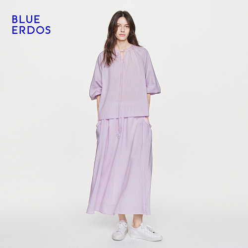 BLUE ERDOS 26秋季女套装灯笼袖浪漫度假风柔雾紫简约风轻薄半裙 - 图0
